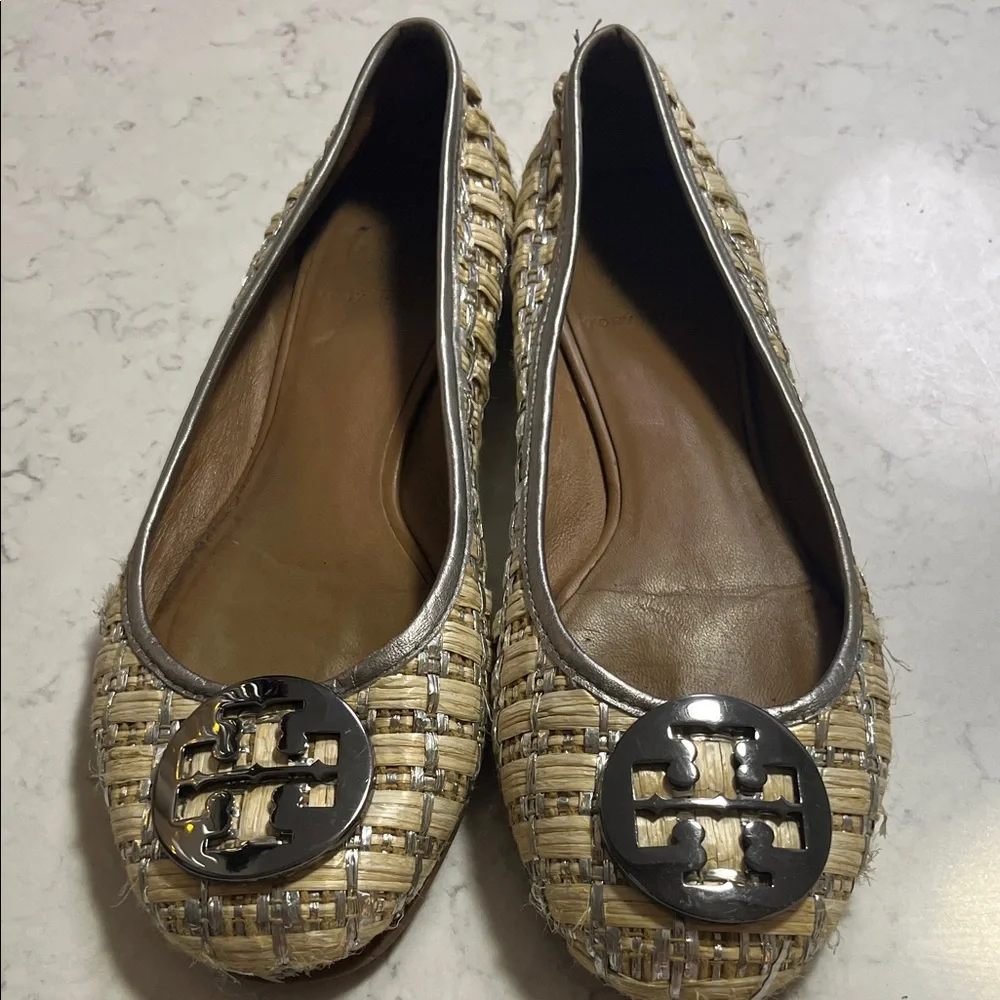 Tory Burch Woven Beige and Metallic Flats - Picture 1 of 8